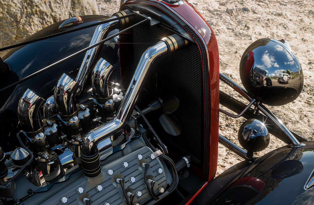 Forza Horizon 5. 크롬으로 만든 제목에 광선이 주변의 게임 속 세계의 모습을 반사하며 DirectX 광선 추적을 보여줍니다.