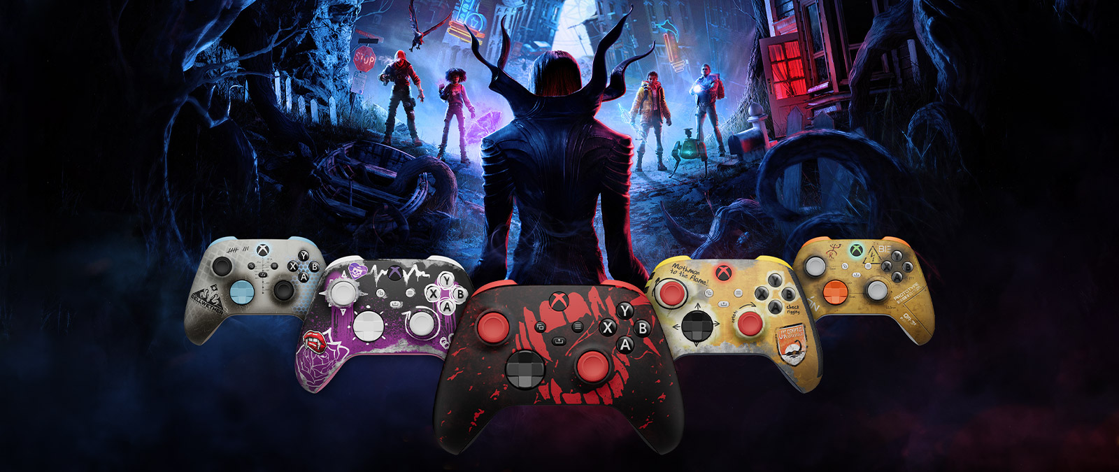 Verschillende kleurrijke controllers met een afbeelding van een vampier met prominente klauwen die vier menselijke helden nadert.
