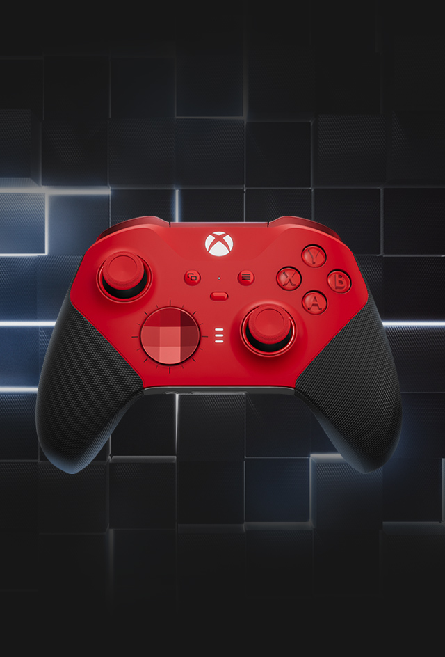 Manette sans fil Xbox Elite - Series 2 Core rouge, devant un motif de cube en néon illuminé.