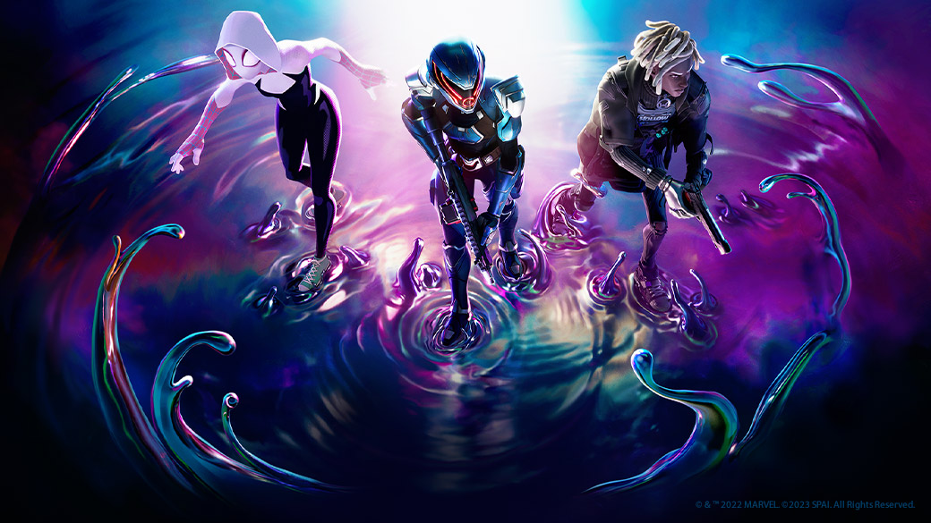 Various characters from Fortnite advance through a dark liquid as tendrils reach out toward them.