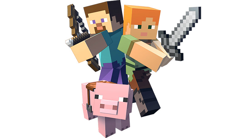 Gracze Minecraft z mieczem, łukiem i strzałą oraz świnią