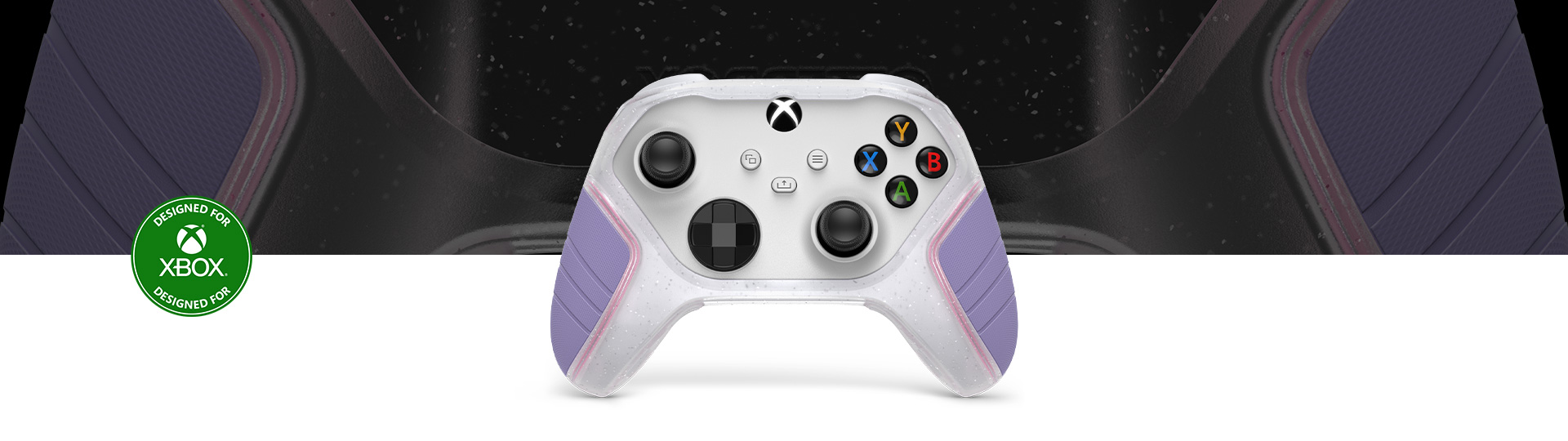 Designed for Xbox badge, OtterBox Easy Grip Controller Shell – Lilac Dream in front of a close up of the shell