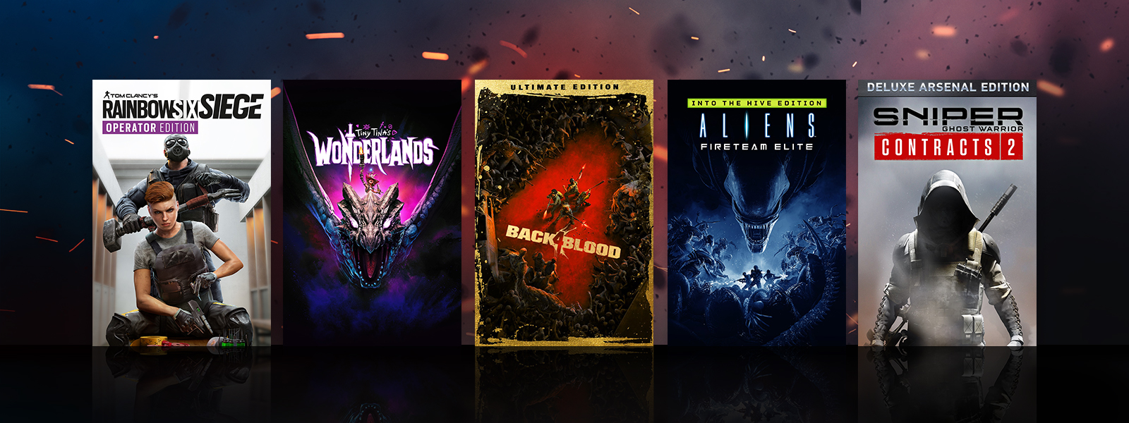 Box art from games that are part of the Shooter Sale, including Tiny Tina’s Wonderlands, Back 4 Blood: Ultimate Edition, and Aliens: Fireteam Elite Into the Hive Edition.
