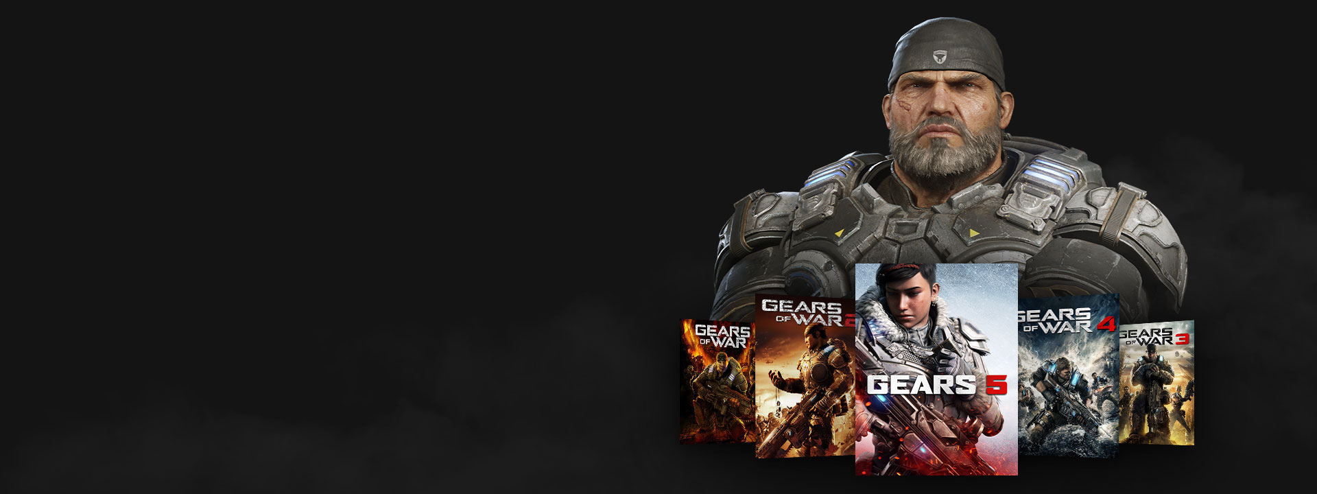 Xbox Game Pass-embléma, Marcus a Gears of War játékokkal pózol.