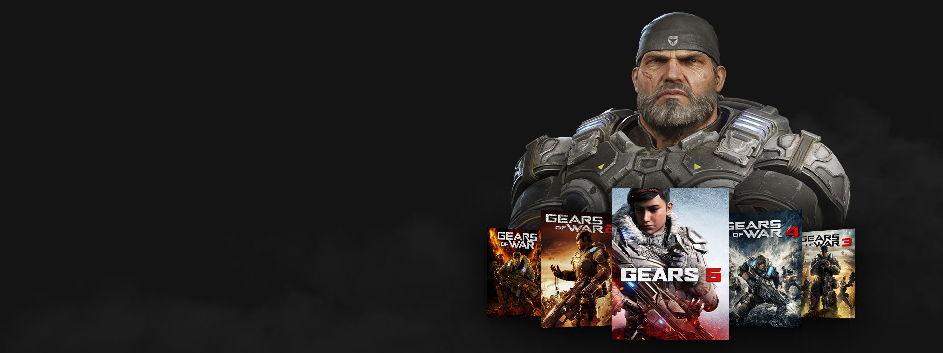 Logo Xbox Game Pass, Marcus prend la pose devant les jeux de Gears of War.