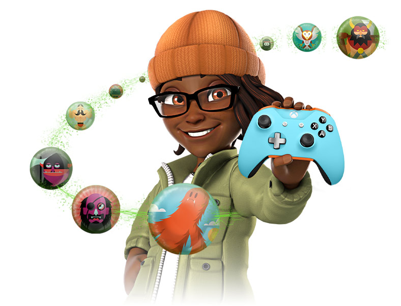 Ένα Xbox Avatar που κρατάει ένα χειριστήριο δίπλα σε φωτογραφίες προφίλ gamertag
