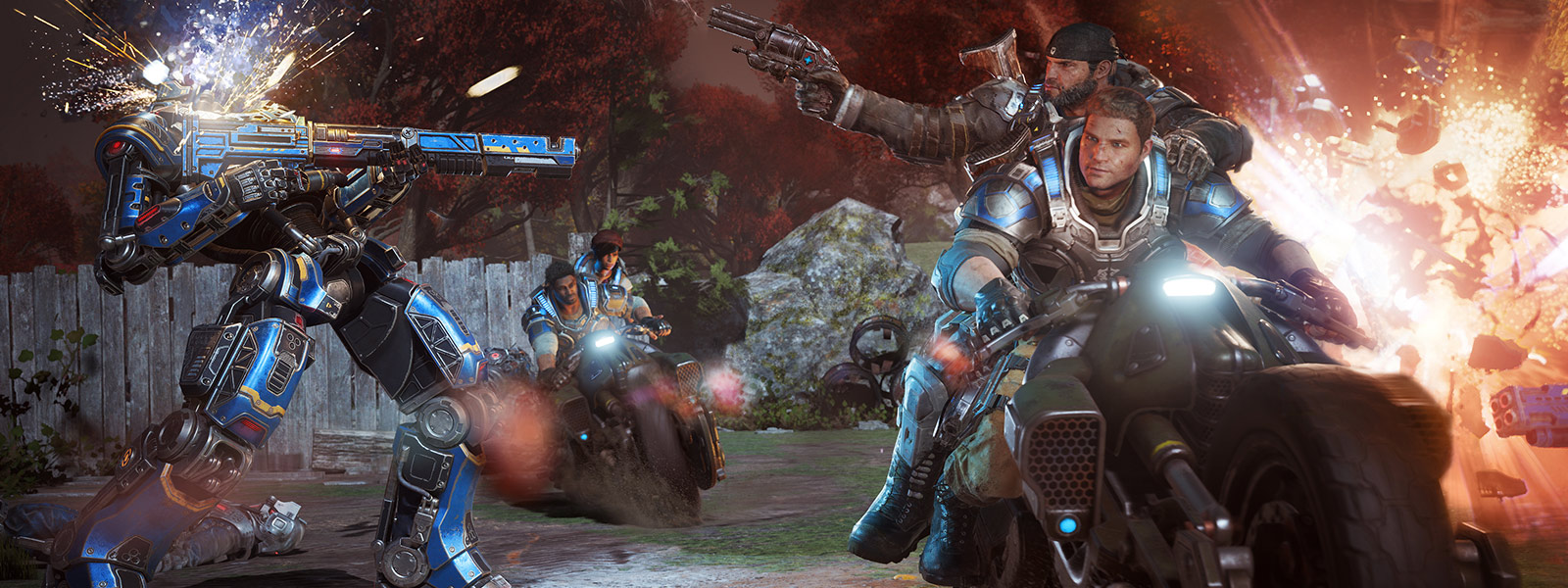 JD Fenix and his friends fire weapons and ride motorcycles during a battle from the game Gears of War 4