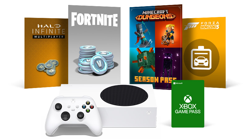 Una consola Xbox One S rodeada de cajas de juegos de Grand Theft Auto V, Pavos de Fortnite, la expansión Warlords de The Dicision 2, Sea of Thieves, Xbox Live Gold y Xbox Game Pass