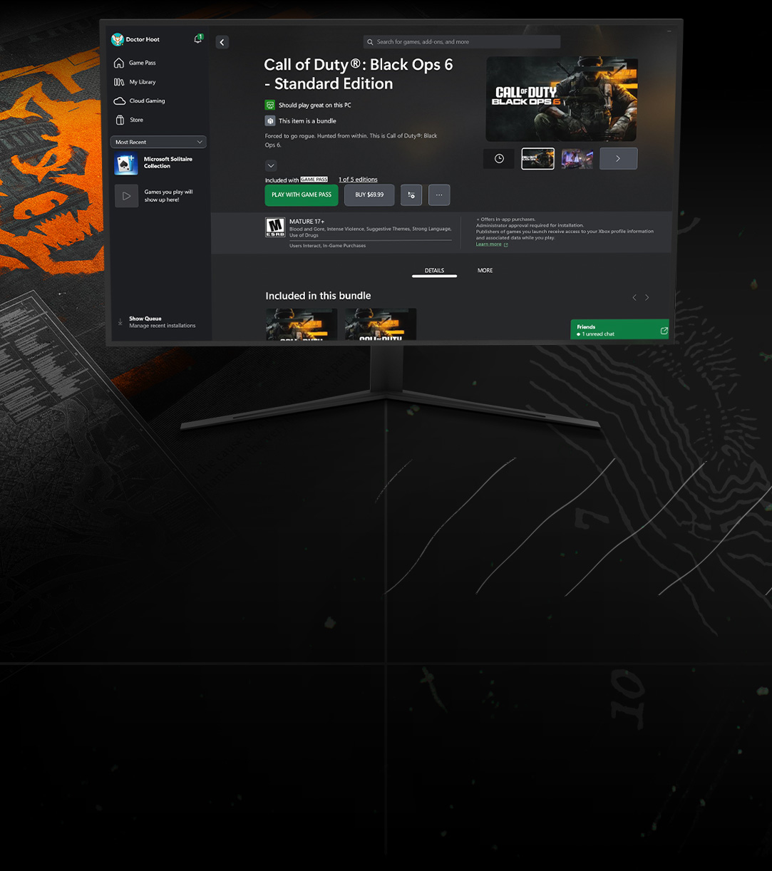 vista frontal de la pantalla de un monitor que muestra a Call of Duty®: Black Ops 6 en la tienda Xbox