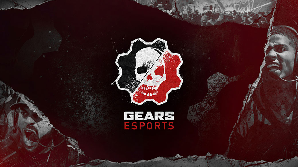 Logo avec un crâne et un rouage noir, rouge et blanc, Gears Esports sur un fond décoloré avec un stade rempli de personnes et un joueur portant un casque et criant
