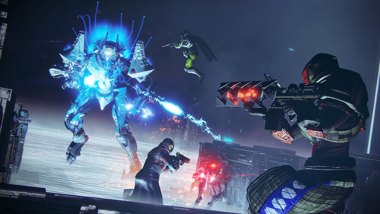 Five characters in battle with different armor and weapons