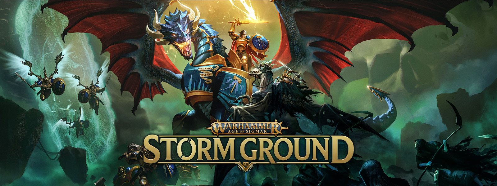 Warhammer Age of Sigmar: Storm Ground, Een krijger op een gepantserde vliegende draak vecht tegen een skeletleger.