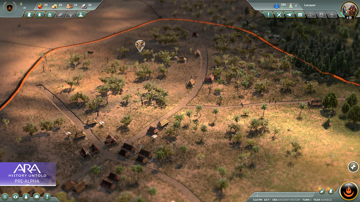 Ara History Untold wersja Pre-Alpha, mała wioska na pustyni usianej palmami.