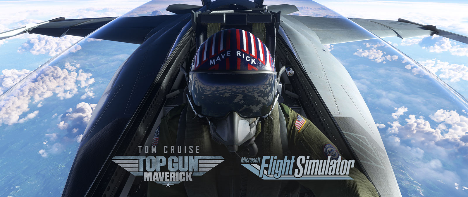 Tom Cruise Top Gun Maverick, Microsoft Flight Simulator, pilot w kasku z napisem Maverick leci ponad chmurami. 