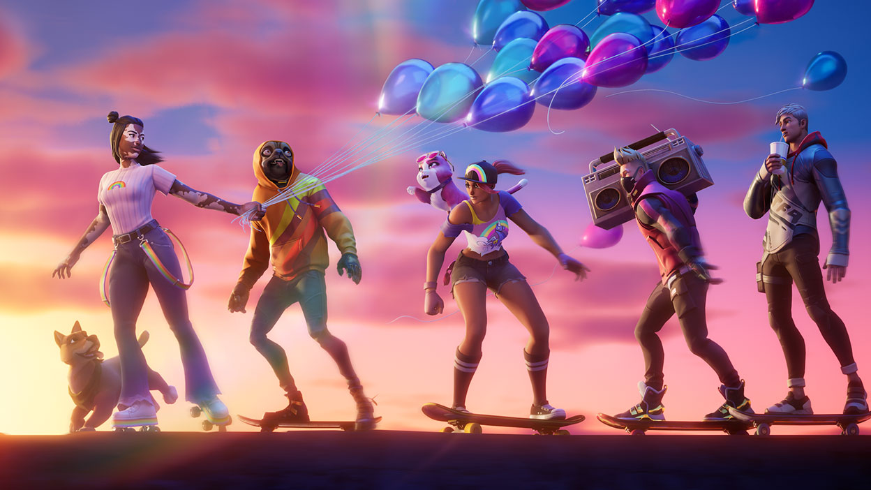 A character on roller skates holding balloons leads a colourful group of skaters at sunset. 
