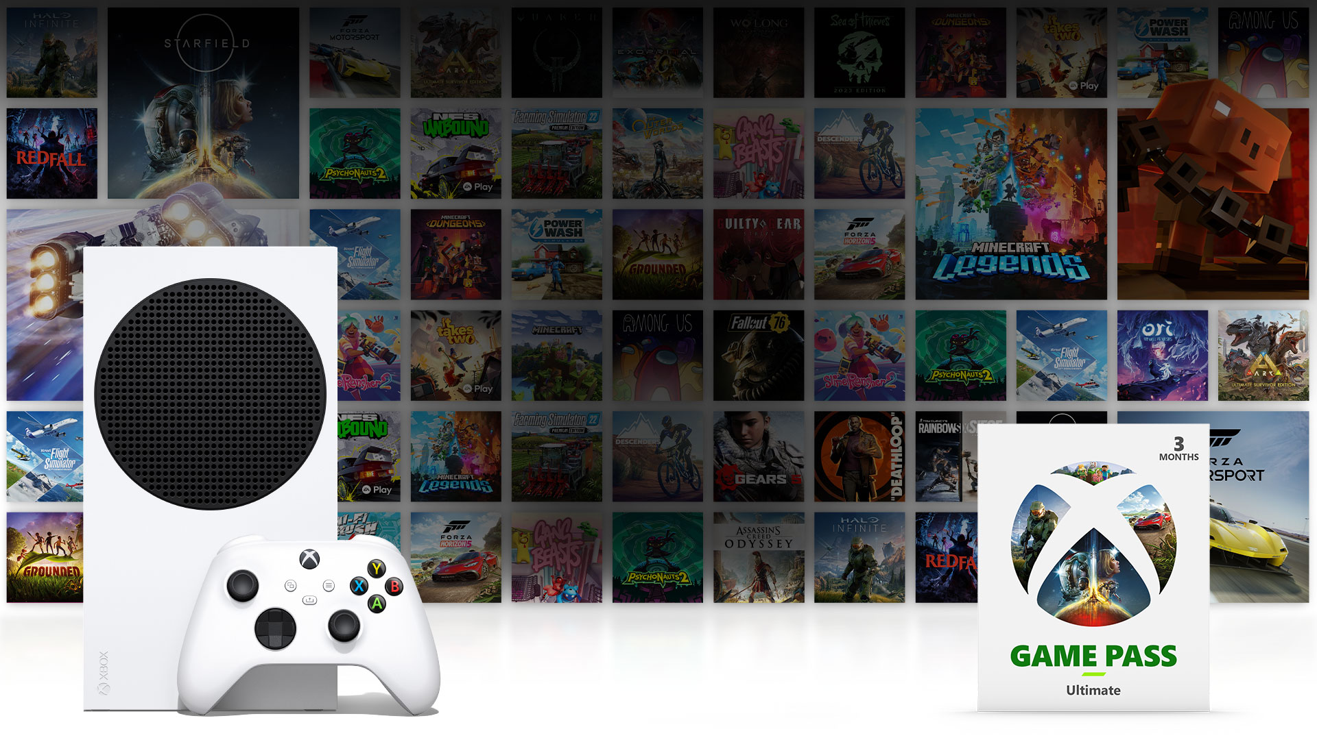 Xbox Series S with Robot White controller and a card that says Xbox Game Pass Ultimate on it, with a mosaic of box shots depicting games available with Xbox Game Pass in the background