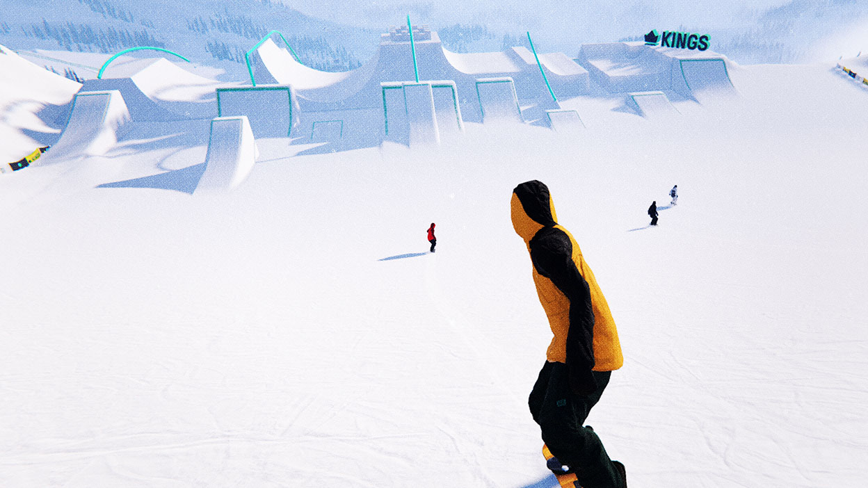 Cuatro snowboarders se dirigen hacia un enorme snowpark con numerosas rampas.