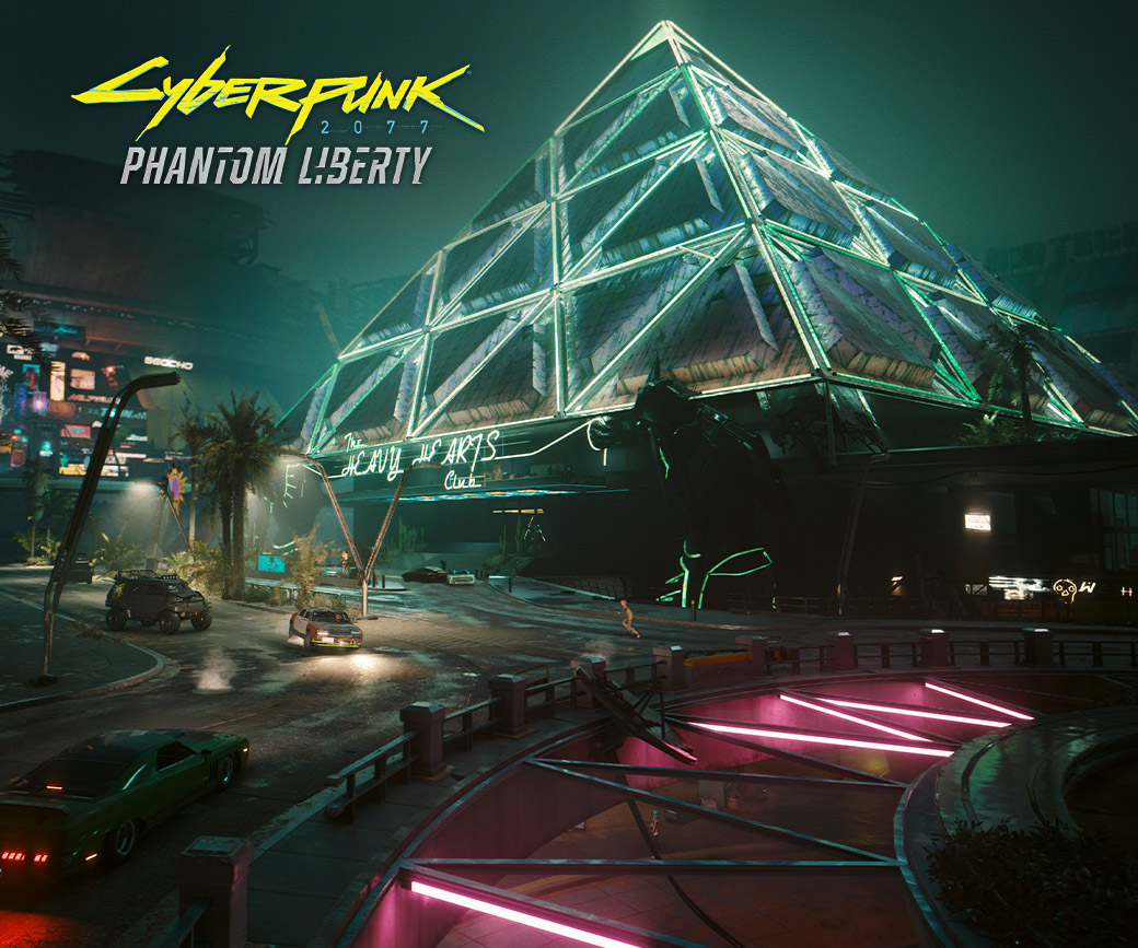 Cyberpunk 2077: Phantom Liberty, neonová světla lemují velkou pyramidovou budovu v Night City 