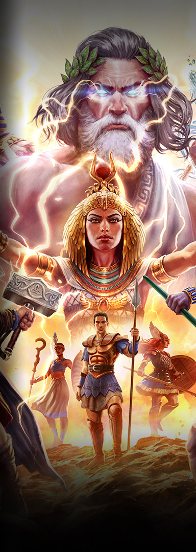 Age of Mythology: Retold, verschiedene Gottheiten und Mythen steigen vom Himmel herab.