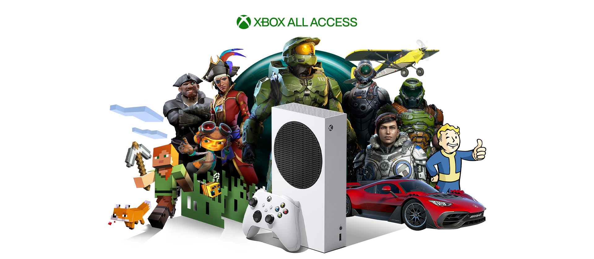 Xbox All Access en Xbox Series S met Xbox-gamepersonages 