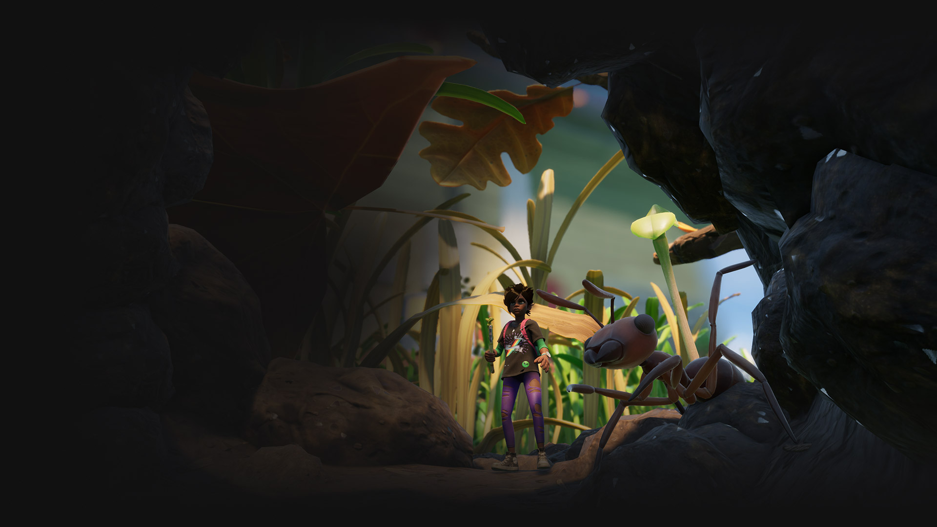 Un personaje con un palo se encuentra con una hormiga gigante en una escena de Grounded