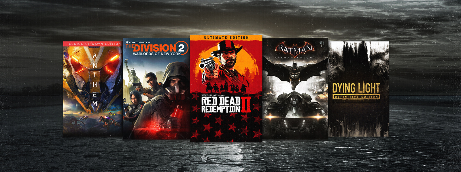 Box art from games that are part of the Action RPG Sale, including Tom Clancy’s The Division 2 Warlords of New York, Red Dead Redemption 2, and Batman Arkham Knight.