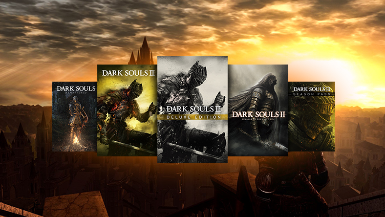 Box art from games that are part of the DARK SOULS Franchise Sale, including DARK SOULS: REMASTERED, DARK SOULS III Deluxe Edition, and DARK SOULS II. 