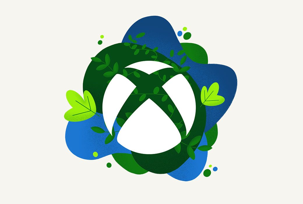 Logotipo de Xbox rodeado por objetos visuales relacionados con la sostenibilidad.
