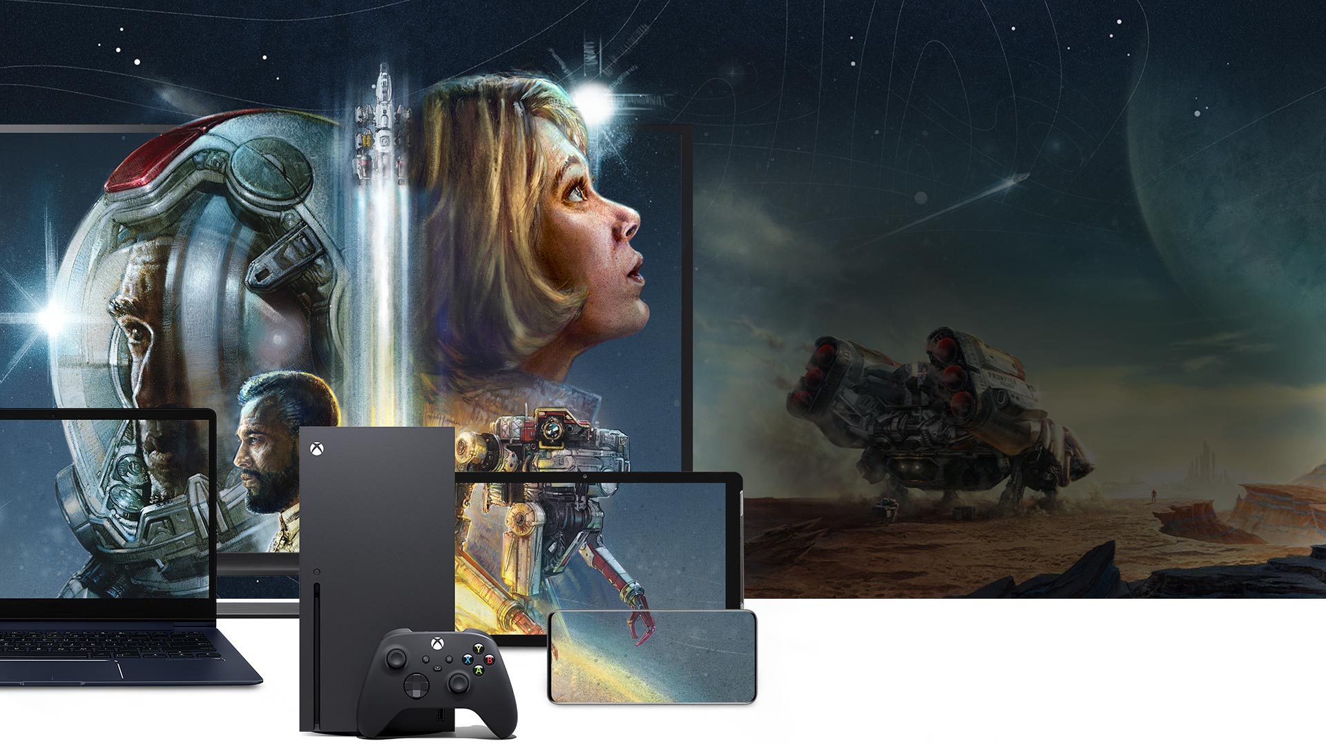 Консоль Xbox Series X с ПК, планшетом и телефоном с изображением из игры Starfield. Исследователь стоит на краю расщелины рядом с космическим кораблем.