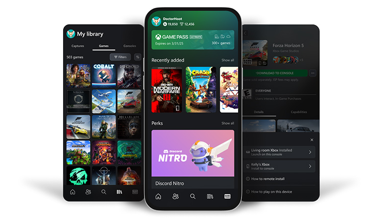 Trois téléphones montrant des exemples de l’interface de l’application mobile Xbox