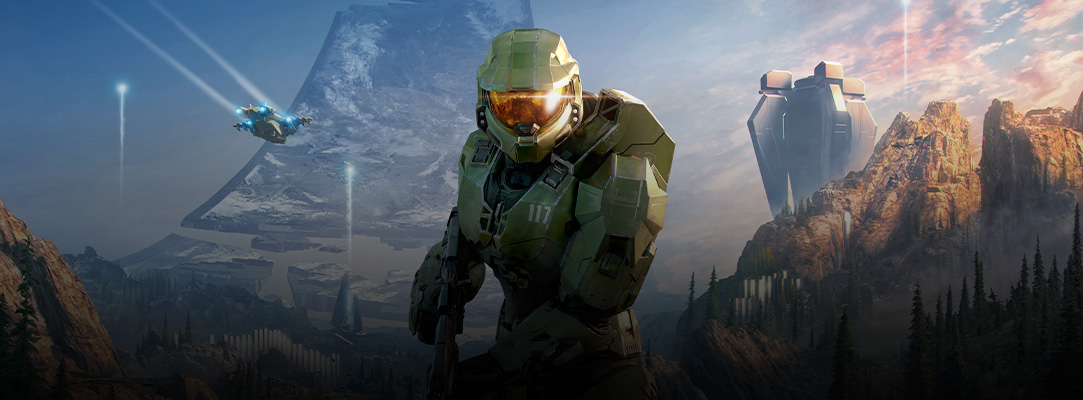 Vue arrière de Master Chief devant une chaîne de montagnes