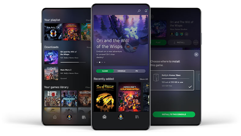 Tre mobiltelefoner, der viser eksempler på Xbox Game Pass-mobilappens grænseflade