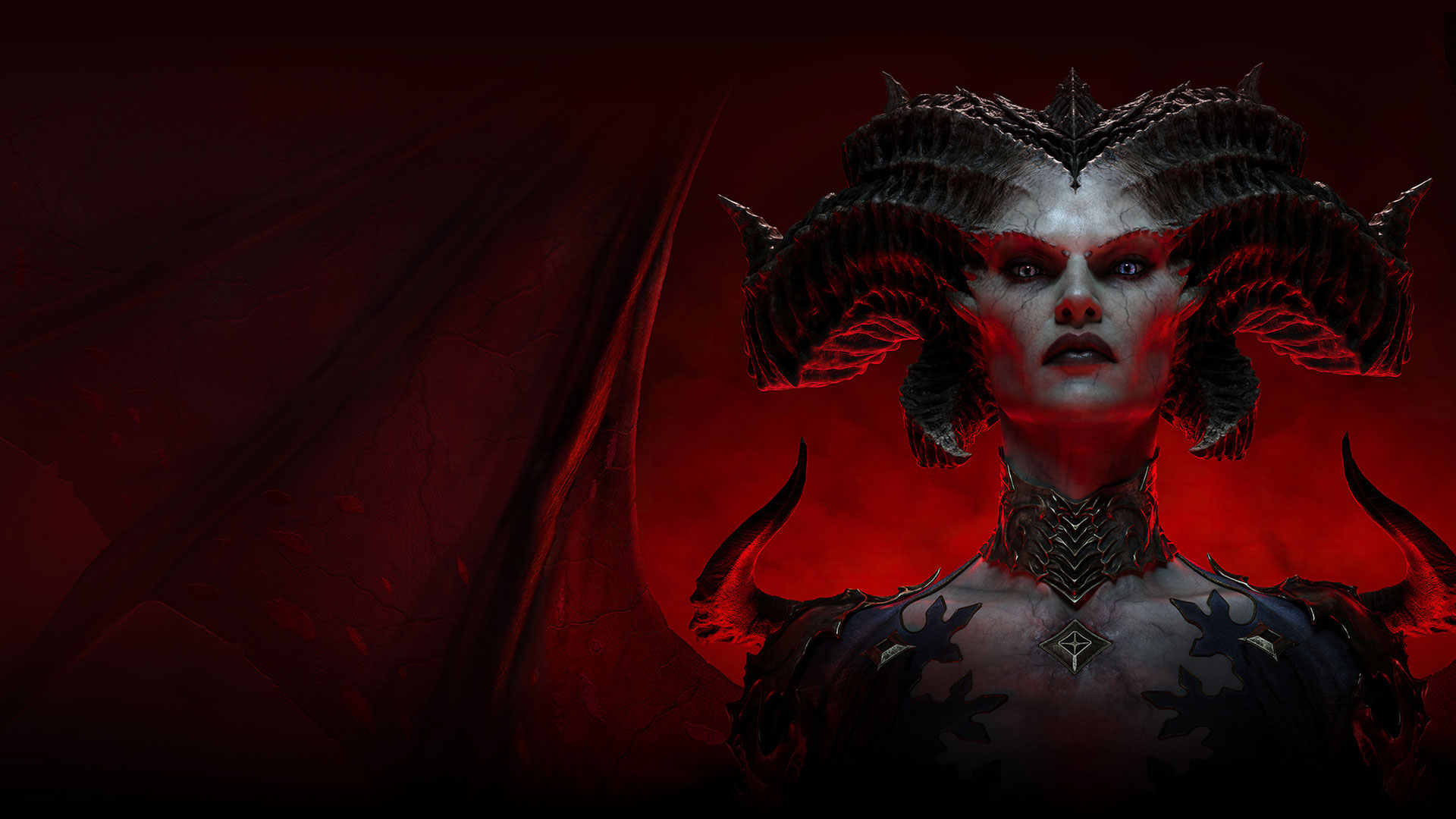 Lilith, démon s rohy a rudými křídly, se hrozivě dívá vpřed.