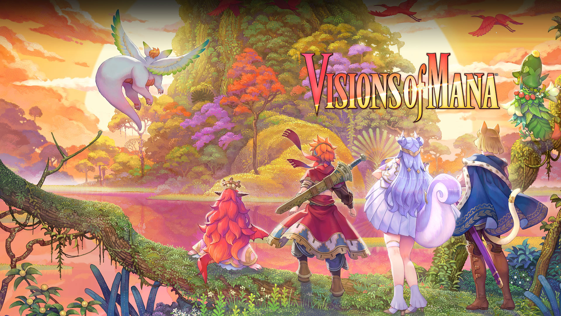 Visions of Mana-Logo: Vier Fantasy-Figuren blicken auf einen riesigen bunten Bergwald.