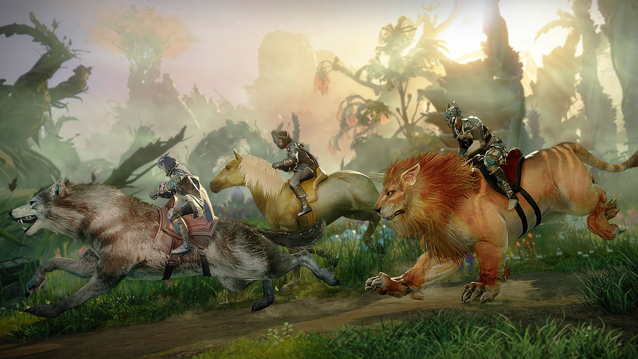 Três personagens montam em um lobo, um cavalo e um leão.
