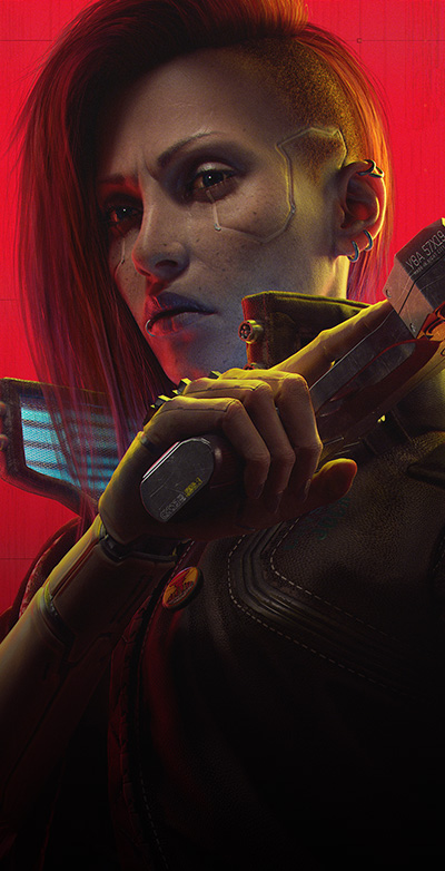 Cyberpunk 2077, En cybernetiskt förändrad karaktär med ett ärr över kinden höjer sitt vapen för att skrämmas.