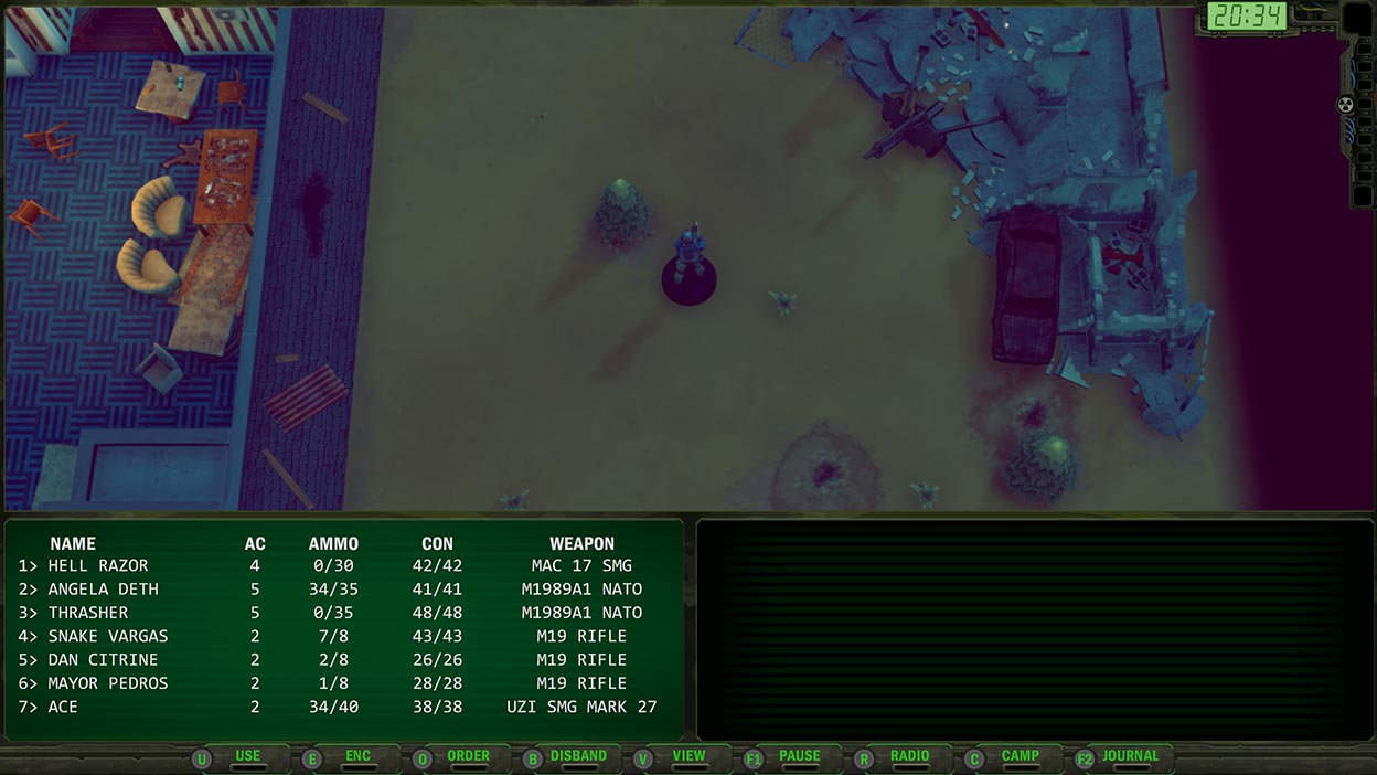 Képernyőkép felülről lefelé irányuló nézetben egy felfedező játékkarakterről