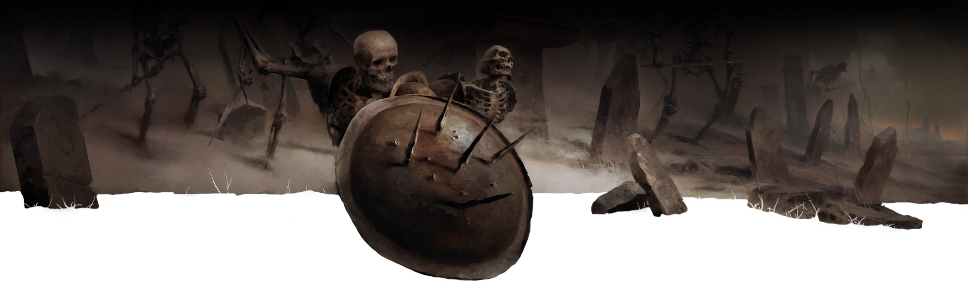 Esqueleto detrás de un escudo y lápidas