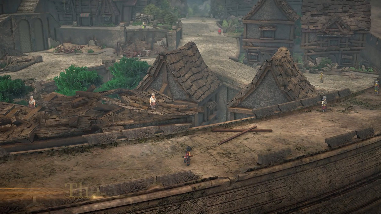Un personaje corriendo por un pueblo con mal aspecto que tiene edificios derrumbados. 
