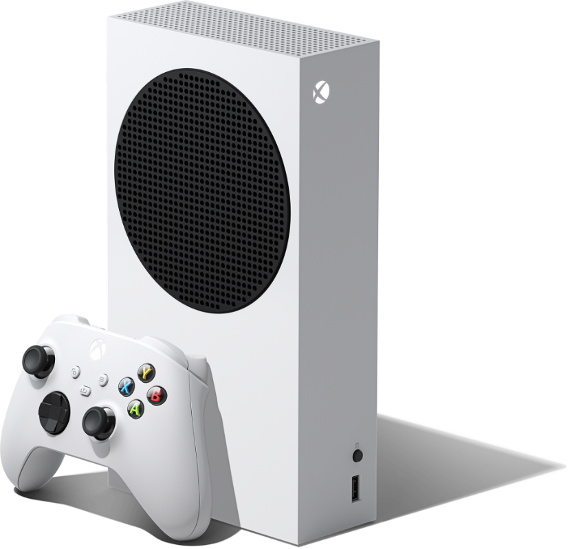 Left angle of the Xbox Series S with an Xbox wireless controller