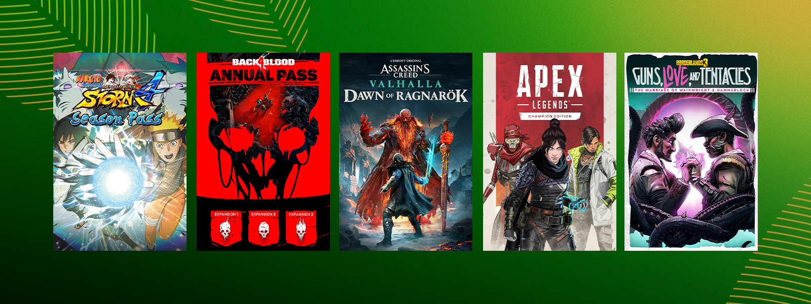 Box art from games that are part of the Spring Add-on Sale, including Back4Blood Annual Pass, Assassin’s Creed Valhalla Dawn of Ragnarok, and Apex Legends – Champion Edition.