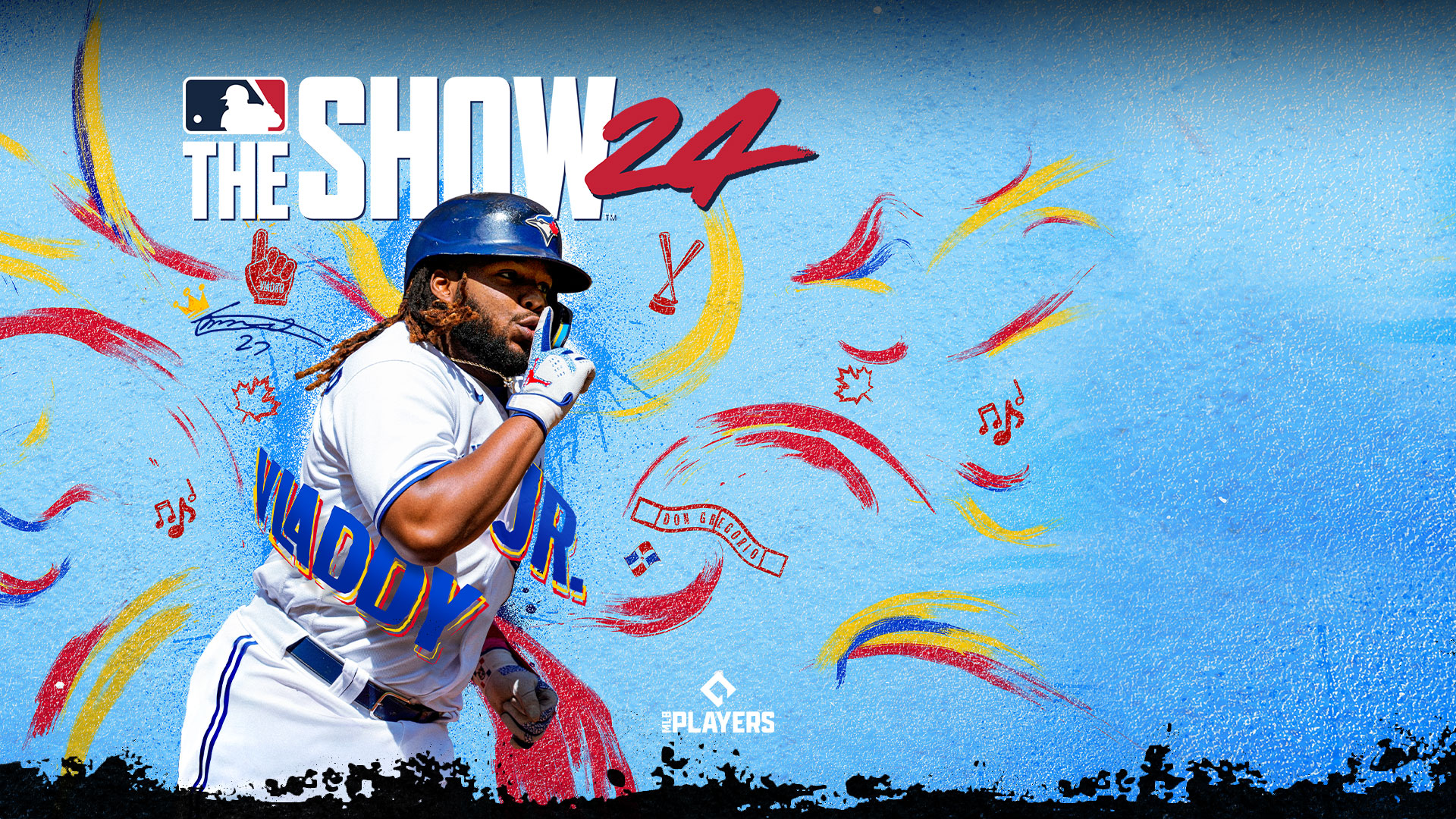 Logo MLB The Show 24, Vladdy Jr. si přidržuje ukazovák před rty a ukazuje, že má být ticho.