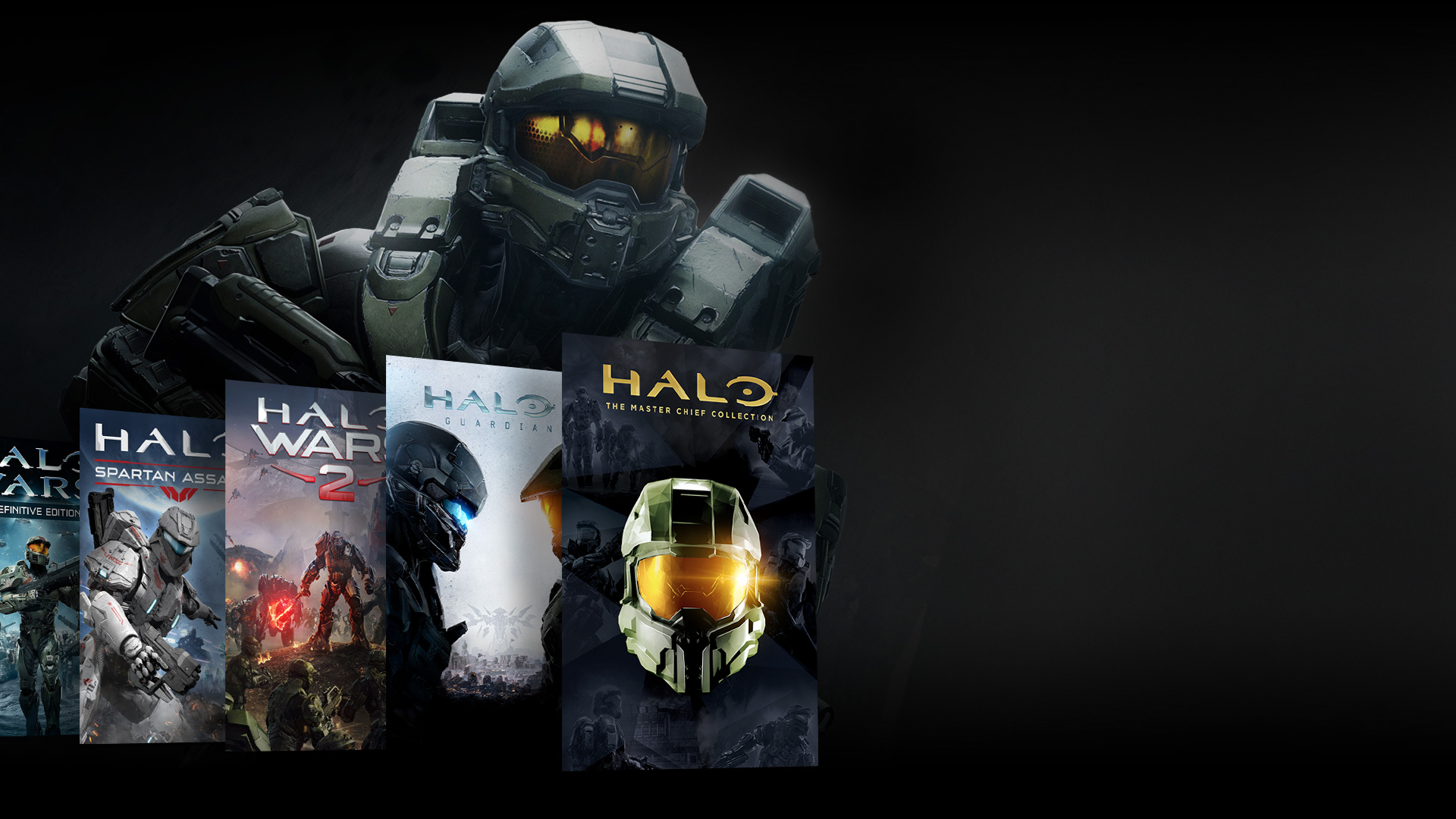 Vista frontal de un personaje de Halo parado delante de un collage de juegos Halo