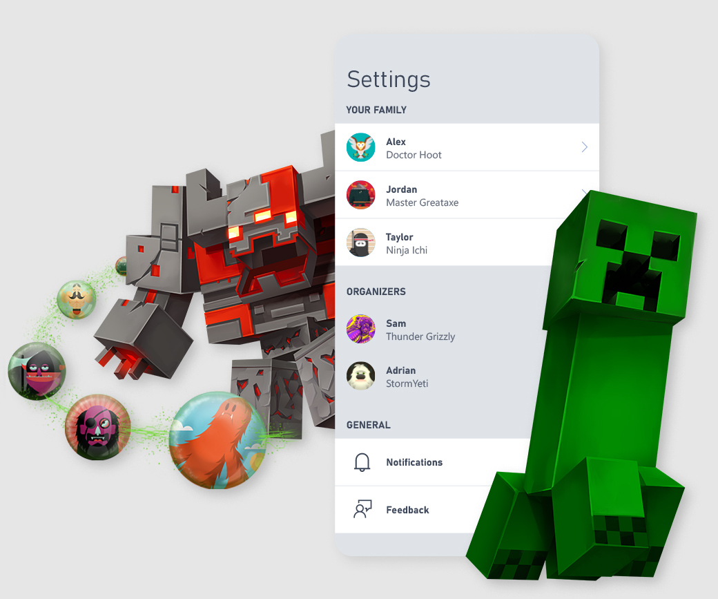 Minecraft characters surround Xbox Family Settings app UI screenshot.