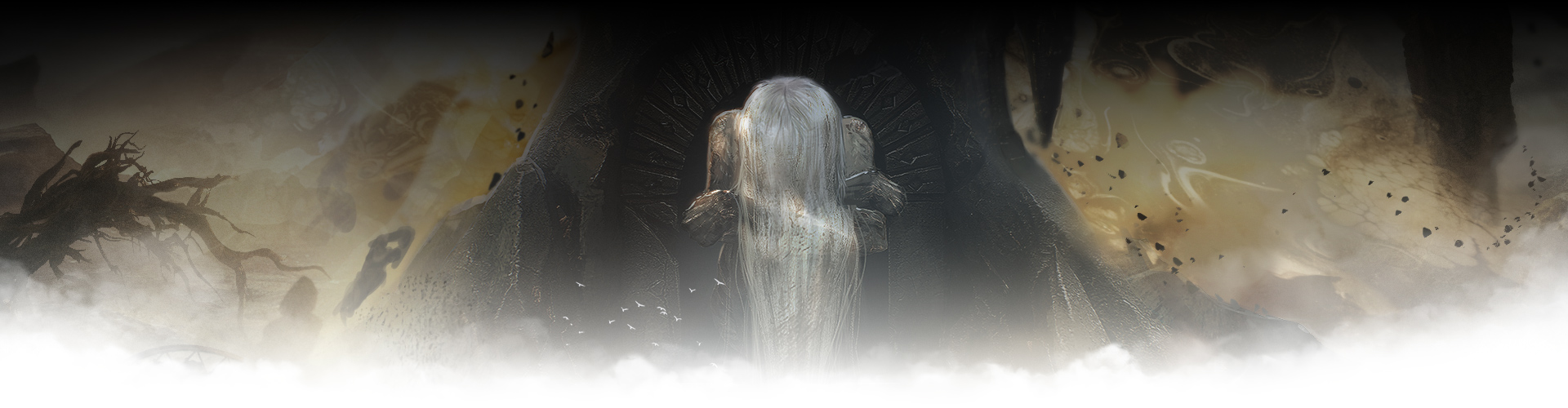 The Paintress sitting with her head held on her knees with her long white hair covering her face.