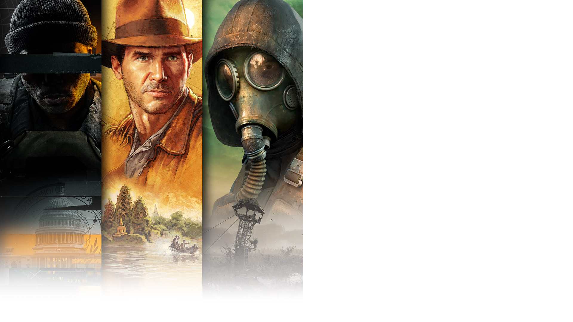 Game art from three titles arriving day one on Game Pass including Call of Duty: Black Ops 6, Indiana Jones and the Great Circle, and Stalker 2: Heart of Chornobyl.