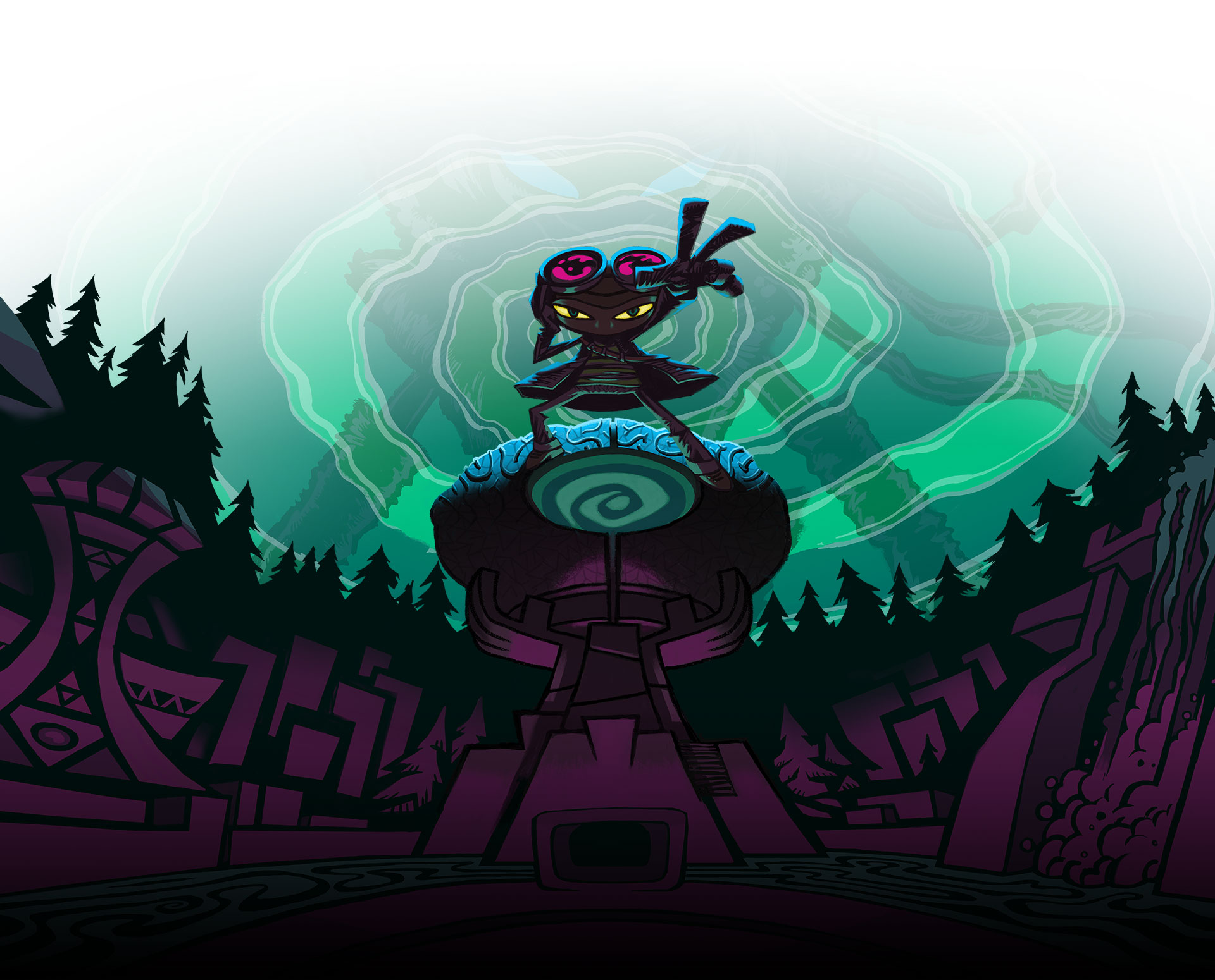 Psychonauts 2. Raz uses psychic powers in the midst of a river valley surrounded by trees.