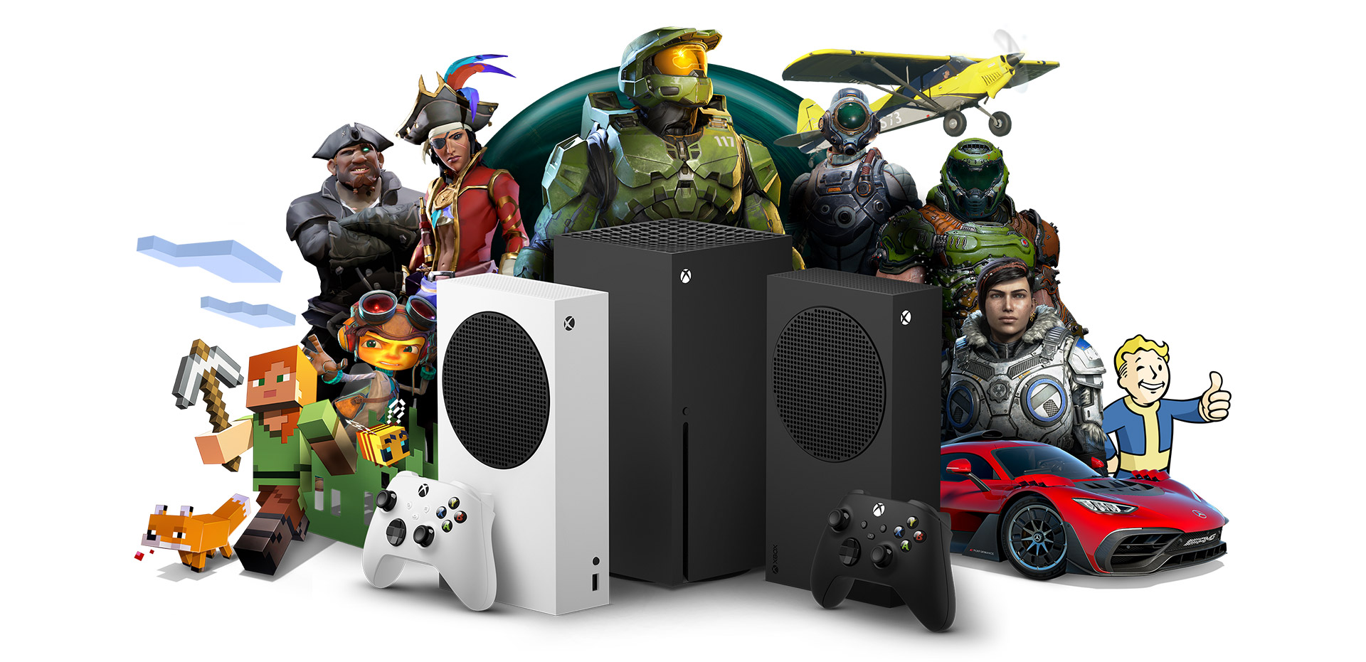 Xbox All Access, Xbox Series X, Xbox Series S i Xbox Series S — 1 TB z postaciami z gier na konsolę Xbox.