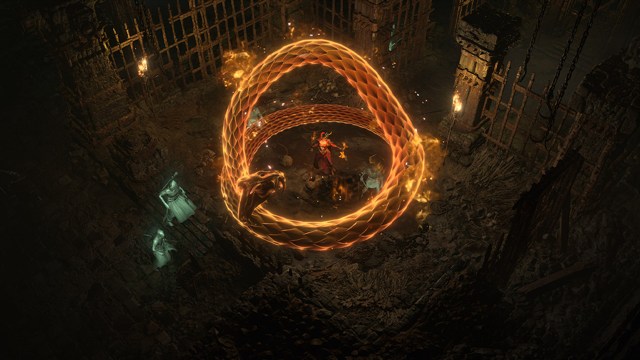 A snake made of light circles around a mage in a dungeon jail.