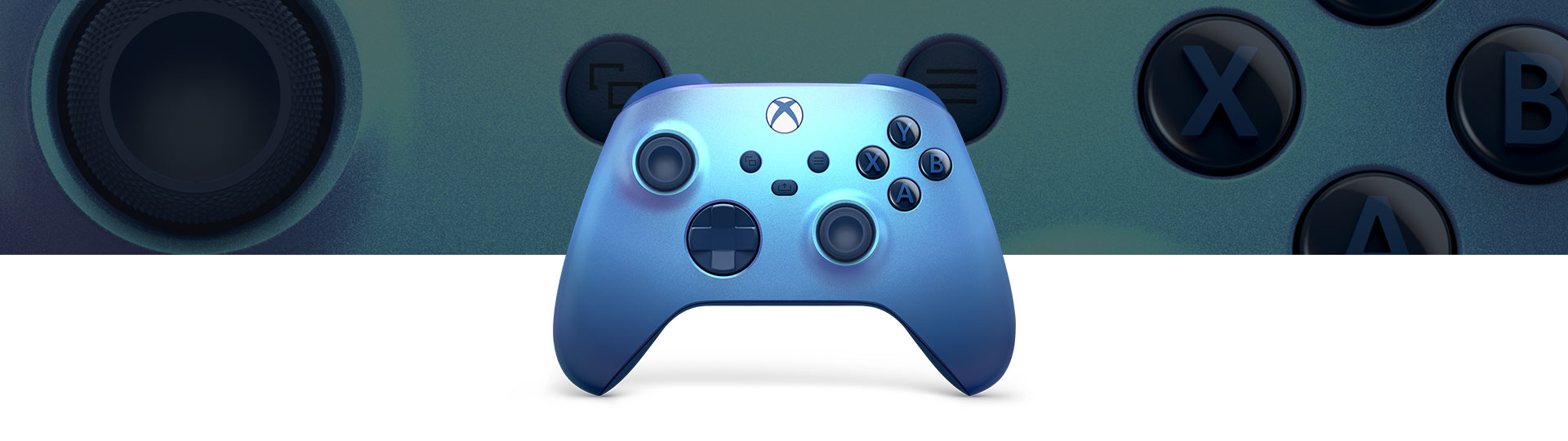 Xbox Wireless Controller Aqua Shift in front of a close up of the controller